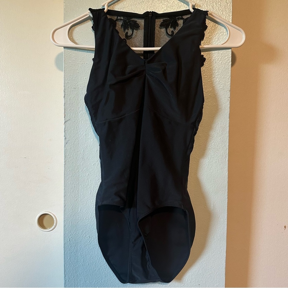 Ballet Rosa black leotard sleeveless mesh zip up leotard